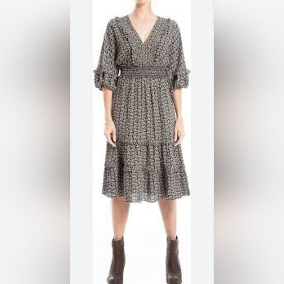 NWT Max Studio L Multiclrd 3/4Slve Tiered Bubble Crepe Elastic Waist Women Dress - Picture 1 of 16